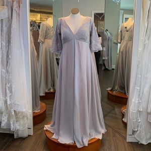 Maternity gray/nude v-neck formal lace corset back 3/4 sleeve chiffon